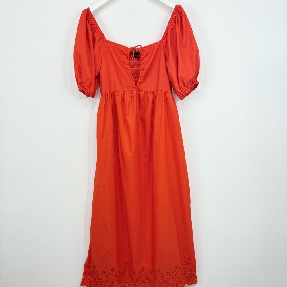 Style House Coral Red Puff Sleeve Keyhole Tie Bust Lacy Hem Maxi Peasant Dress